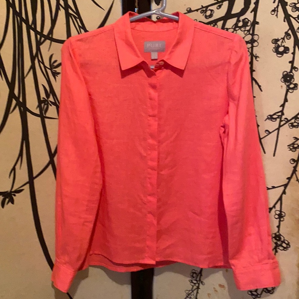 Pure Collection Women’s Bright Orange/Coral Linen Shirt W/Pearled Buttons